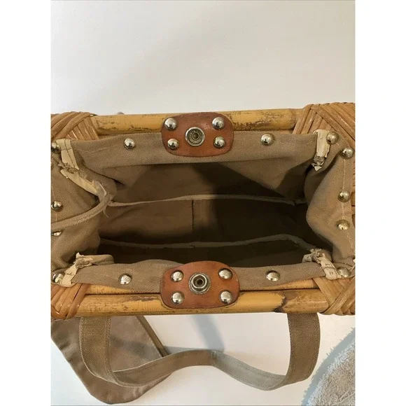 Vintage Rattan Handle Tan Canvas Satchel Purse Attached Coin Purse Boho Retro‎ - Picture 10 of 13